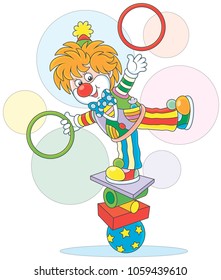 Circus show of a comic juggler - equilibrist. Friendly smiling clown balancing on several objects and juggling with hoops, a vector illustration in a cartoon style