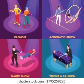 Circus show concept isometric icons set with clown and magic show symbols isolated vector illustration