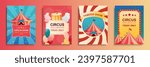 Circus show cover brochure set in flat design. Poster templates with striped tent for acrobat, clown or magician art performances, balloons, cotton candy, carnival tickets. Vector illustration.