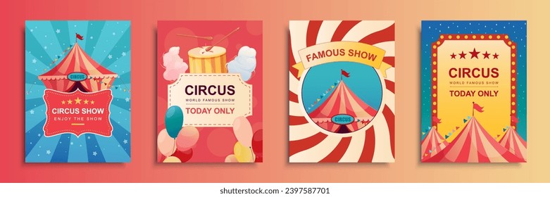 Circus show cover brochure set in flat design. Poster templates with striped tent for acrobat, clown or magician art performances, balloons, cotton candy, carnival tickets. Vector illustration.