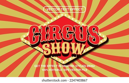 Circus show, editable text effect template, retro vintage font style in sun rays background