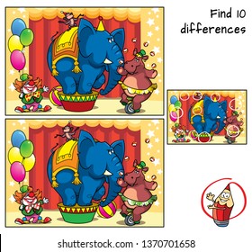 Circus show with an elephant, monkey, hippo on bicycle, and clown. Find 10 differences. Educational matching game for children. Cartoon vector illustration