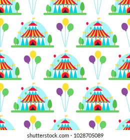 Circus show entertainment tent marquee outdoor festival with stripes flags carnival seamless pattern background vector illustration.
