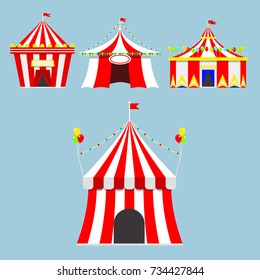 Circus show entertainment tent marquee outdoor festival with stripes and flags isolated carnival signs