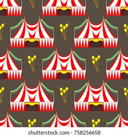 Circus show entertainment tent marquee outdoor festival seamless pattern with stripes and flags carnival