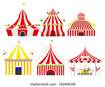 Circus show entertainment tent marquee outdoor festival with stripes and flags isolated carnival signs