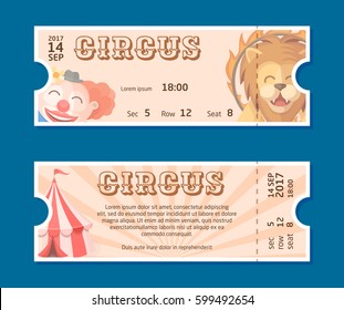Circus show entrance tickets template.Colorful horizontal vector pass in cartoon flat style with trained lion, clown and circus tent. Front and back side of ticket illustration