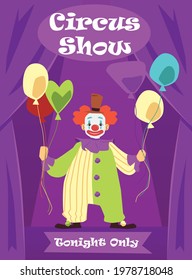 Circus show flyer or banner design with clown holding balloons, flat vector illustration. Colorful poster template for circus show and acrobatic performance.