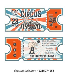 Circus show front and back side tickets.Vector illustration.