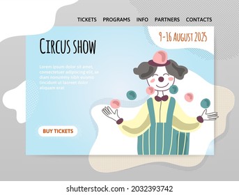 Circus show, funny clown juggles balls. Vector illustration, design template of website header, banner or poster.