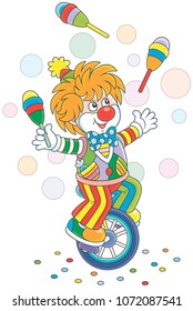 Circus show of a funny clown juggling with skittles and riding his unicycle, vector illustration in a cartoon style