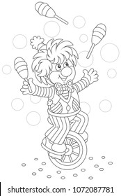 Circus show of a funny clown juggling with skittles and riding his unicycle, black and white vector illustration in a cartoon style for a coloring book