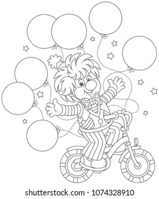 Circus show of a funny clown riding his bicycle with balloons, black and white vector illustration in a cartoon style for a coloring book