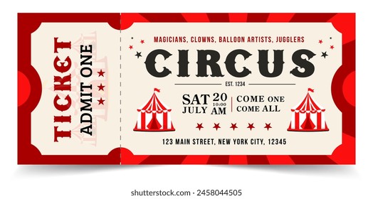 Circus show horizontal ticket template. Admit one coupon. Vector illustration.