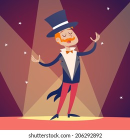 Circus Show Host Boy Man in Suit with Cylinder Hat Icon on Stylish Background Retro Cartoon Design Vector Illustration