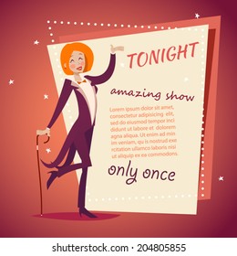 Circus Show Host Lady Girl in Suit with Cane Icon on Stylish Background Retro Cartoon Design Vector Illustration