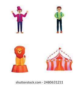 Circus show icons set cartoon vector. Juggler clown trained lion and circus tent. Amusement, performance