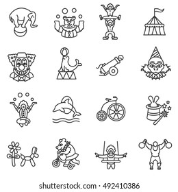 circus show icons set, line style.  animals and acrobats isolated linear symbols collection.