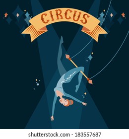 Circus show illustration. Acrobat girl flying on trapeze 