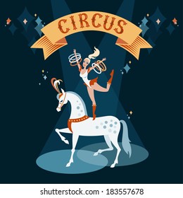 Circus show illustration. Girl dancing on a white horse 