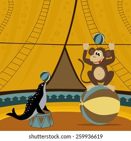 Circus show illustration with monkey and seal 