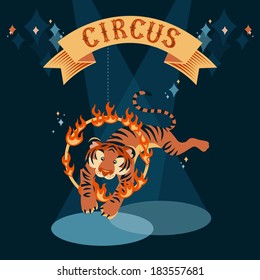 Circus show illustration. Tiger jumping through the fire ring