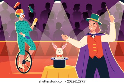 Circus show. Invitation poster with fun magician and clown juggler on bicycle in costumes, advertisement flyer red theater curtain framed. Entertainment show vector horizontal cartoon concept