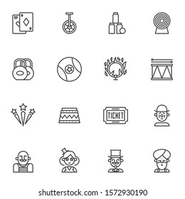 Circus show line icons set. linear style symbols collection, outline signs pack. vector graphics. Set includes icons as playing cards trick, magician, fire ring, unicycle, circus artist, ticket, drums