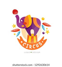 Circus show logo design, carnival, festive, show label, badge, hand drawn design element with elephant can be used for flyear, poster, banner, invitation vector Illustration