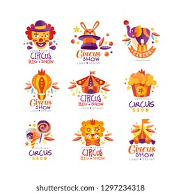 Circus show logo design set, carnival, festive, circus show labels, badges, hand drawn design elements an be used for flyear, poster, banner, invitation vector Illustration