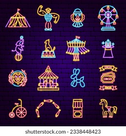 Circus Show Neon Icons. Vector Illustration of Entertainment Festival Glowing Concept.