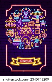 Circus Show Neon Poster. Vector Illustration of Entertainment Festival Glowing Concept.