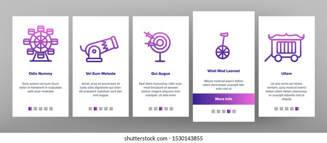 Circus Show Onboarding Mobile App Page Screen Vector Icons Set Thin Line. Character Clown And Circus Equipments, Attraction And Elephant Concept Linear Pictograms. Contour Illustrations
