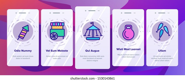 Circus Show Onboarding Mobile App Page Screen Vector Icons Set Thin Line. Character Clown And Circus Equipments, Attraction And Elephant Concept Linear Pictograms. Contour Illustrations