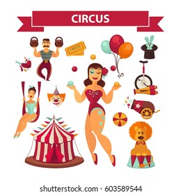 Circus show performance elements and accessories. Vector isolated retro stage flat icons set of tent, magician and equilibrist, lion and magic hat with rabbit, joggling pins and bicycle