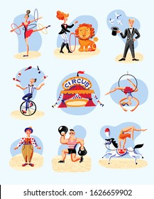 Circus show performance flat set. Cartoon artists, animals on white. Fun fair tent surrounded gymnast, juggler, acrobats, strongmen, balancers, wild animal trainers, illusionist. Vector illustration