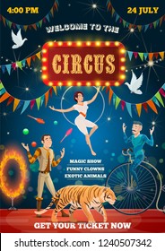 Circus show performance poster, animal tamer, equilibrist and acrobat. Vector retro bit top circus juggler with pins on unicycle, tiger and fire ring, equilibrist on aerial hoop and doves