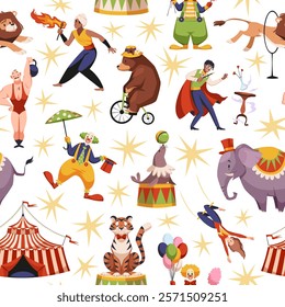 Circus show performers and animals seamless pattern. Chapiteau artists, circus tent, clown, strongman, magician. Textile, wrapping, wallpaper design. Print for fabric, tidy vector background