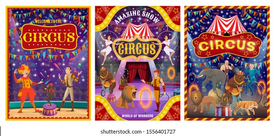 Circus show performers at arena of cirque tent vector design. Acrobats, clown and juggler, trained animals, strongman and tamer, carnival flags and amusement park marquees. Entertainment themes