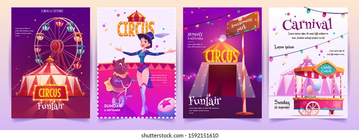 Circus show placards set. Amusement park banners, invitation on carnival with ferris wheel, candy cotton, bear trainer. Funfair festive fair and recreation entertainment Cartoon vector illustration