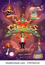 Afiche del espectáculo de circo con animales acróbatas e ilustración de magos vectoriales