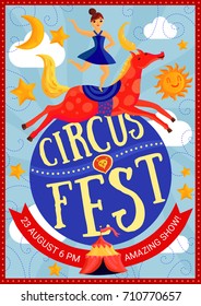 Circus show poster with girl rider doing tricks on horse on blue background with clouds vector illustration