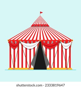 Circus show poster with striped tent flag on top in concept of Oktoberfest or Octoberfest festival on background with rays