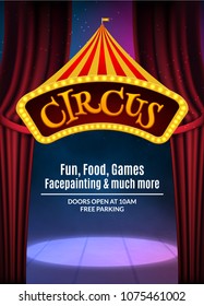 Circus show poster template with sign and light frame. Festive Circus invitation. Vector carnival show illustration.