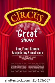 Circus show poster template with sign and light frame. Festive Circus invitation. Vector carnival show illustration.