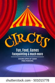 Circus show poster template with sign and light frame. Festive Circus invitation. Vector carnival show illustration.