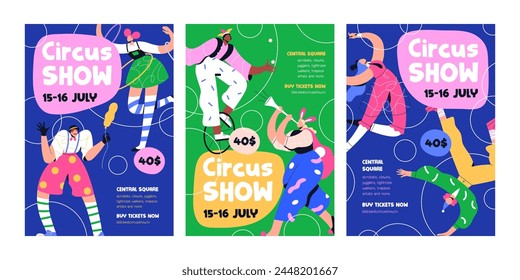 Circus show, poster templates. Carnival, festival, inviting card backgrounds. Carnaval placard, vertical flyer designs with clowns, acrobats, jesters and fun characters. Flat vector illustration