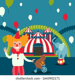 Circus show poster, vector illustration. Carnival scene, invitation to funfair. Traveling circus tent, festival marquee, clown and trained animals. Entertainment performance poster in cartoon style