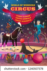 Circus show retro poster, funfair carnival performance. Vector bit top circus equilibrist acrobat on unicycle, monkey juggling pins riding on horse, seal balancing balloon ball and doves with banner