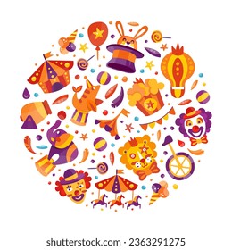 Circus Show Round Composition Design with Fairground Amusement Object Vector Template